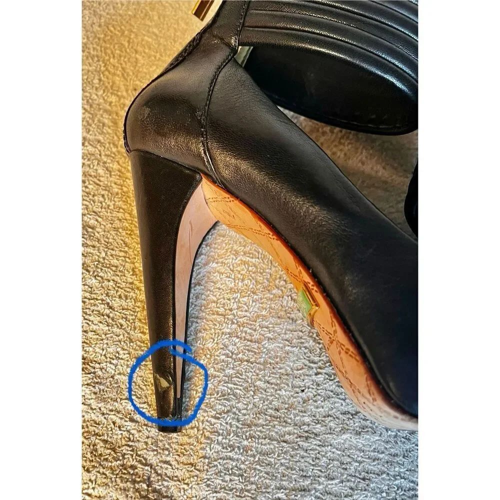 L.A.M.B. LAMB Black Leather Cuff Stilettos Peep Toe Heels Y2K Designer Size 6M - Picture 7 of 16